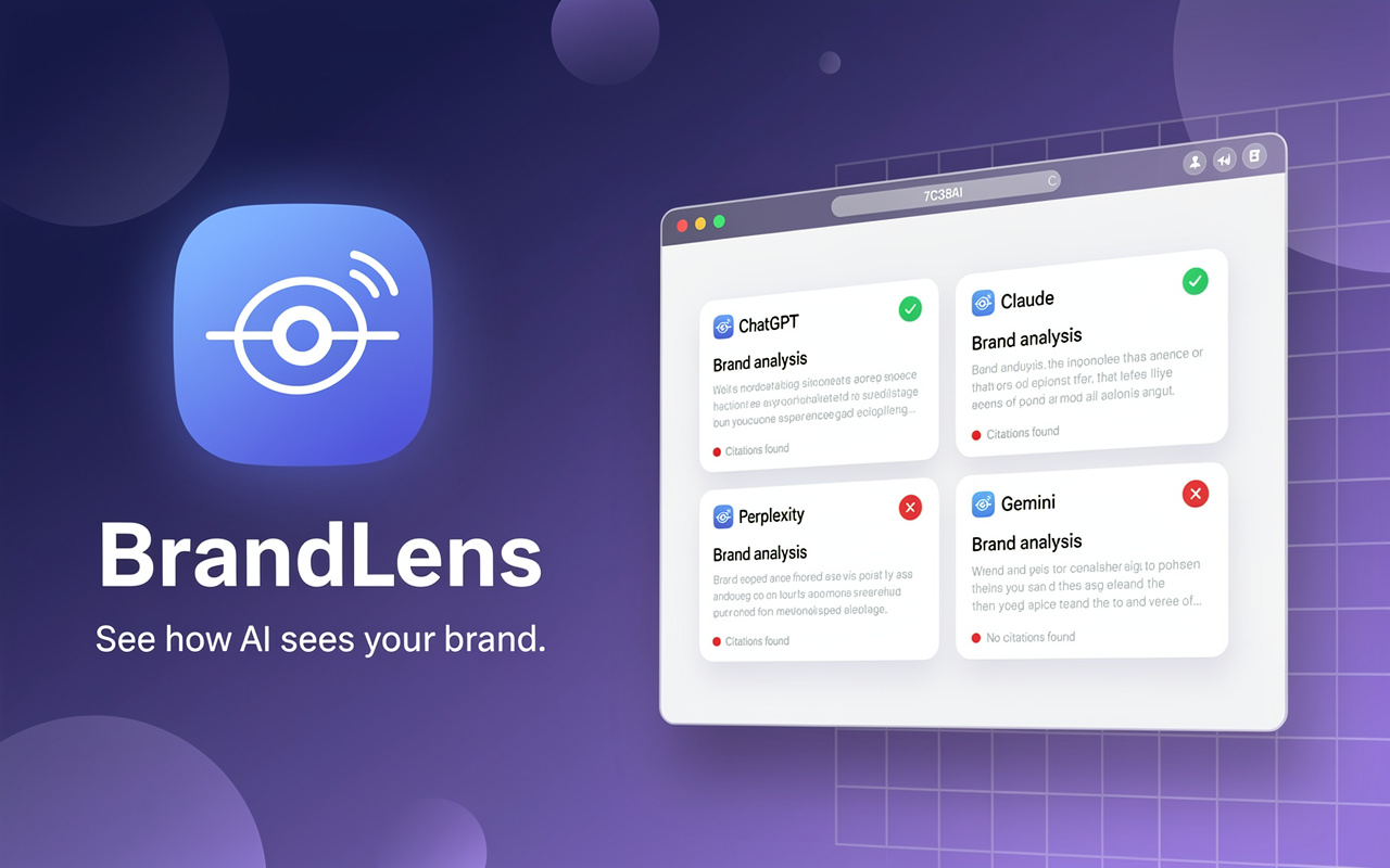 BrandLens overlay showing four AI model cards with citation status and recommendations